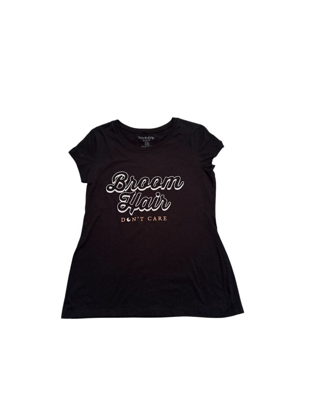 Wound Up Tee Shirt Junior Womens 15-17 Black Graphic Shirt Broom Hair Don't Care